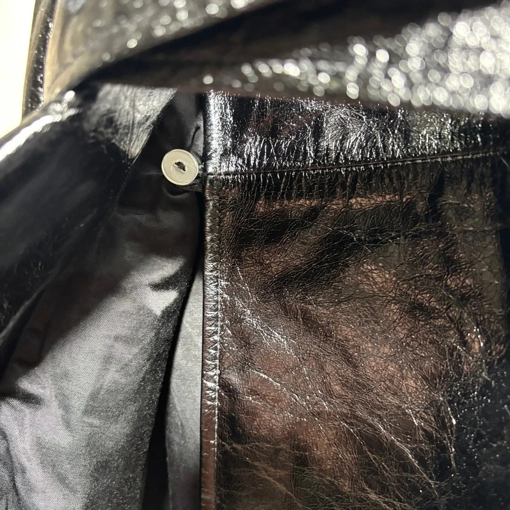 $980 ROARI‎ Kennedy Trench Black Glazed Cow Leather Womens S Belted NYC USA Made